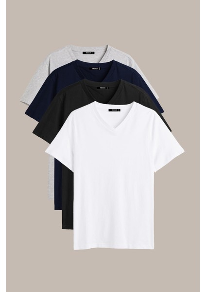 Erkek Çok Renkli T- Shirt Regular Fit Rahat Kesim V Yaka 4'lü Basic Tişört Paketi
