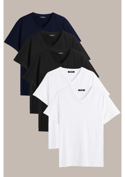 Erkek Çok Renkli T- Shirt Regular Fit Rahat Kesim V Yaka 5'li Basic Tişört Paketi