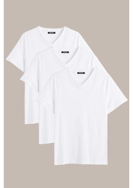 Erkek Çok Renkli T- Shirt Regular Fit Rahat Kesim V Yaka 3'lü Basic Tişört Paketi