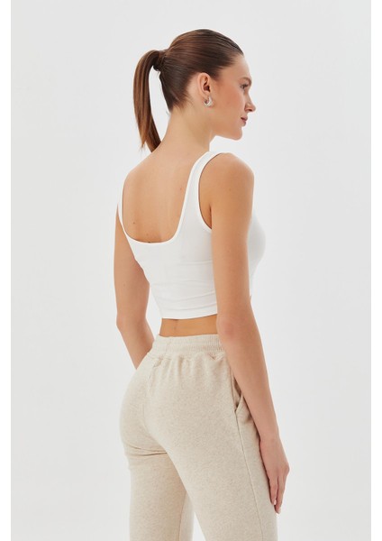 Kadın Kısa Crop Askılı Ekru Basic
