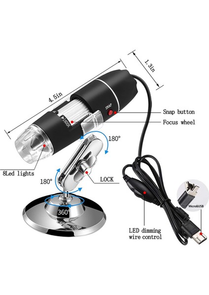 3'ü 1 Arada USB Mikroskop 1600X Büyütme 8 LED Taşınabilir Mikroskop Mini Endoskop, Tip-C Dönüşüm Başlığı ile (Yurt Dışından)