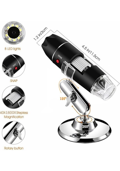 3'ü 1 Arada USB Mikroskop 1600X Büyütme 8 LED Taşınabilir Mikroskop Mini Endoskop, Tip-C Dönüşüm Başlığı ile (Yurt Dışından)