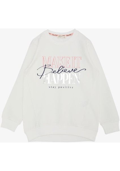 Kız Çocuk Sweatshirt Yaldızlı Yazı Baskılı 6-12 Yaş, Ekru