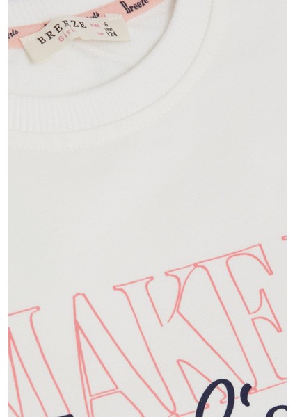 Kız Çocuk Sweatshirt Yaldızlı Yazı Baskılı 6-12 Yaş, Ekru