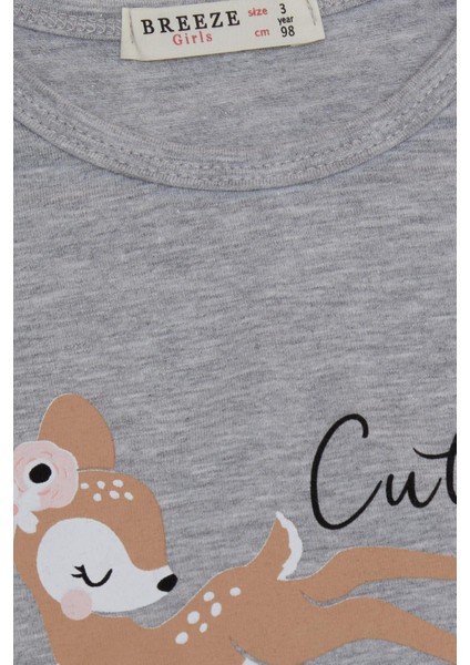 Kız Çocuk Uzun Kollu Tişört Sevimli Geyikler Baskılı 2-6 Yaş, Gri Melanj modelleri