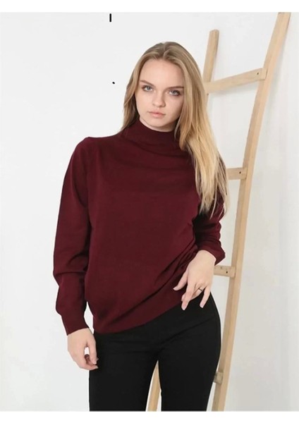 Kadın Yarım Balıkçı Yaka Triko Kazak - Bordo