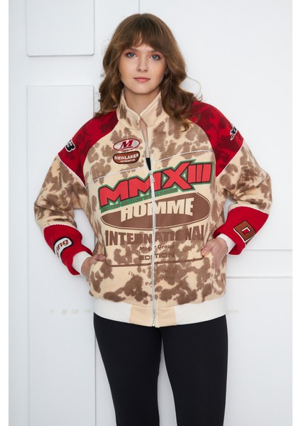 Unisex Boxy Limited Edition Batik Yıkamalı Motosport Fermurarlı Bomber Ceket
