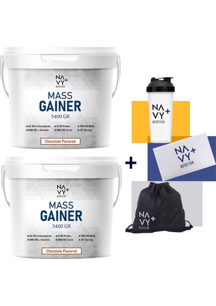 Navy Plus Nutrition 2 Adet 5400 gr Mass Gainer Çikolata Aromalı + Shaker + Çanta + Havlu