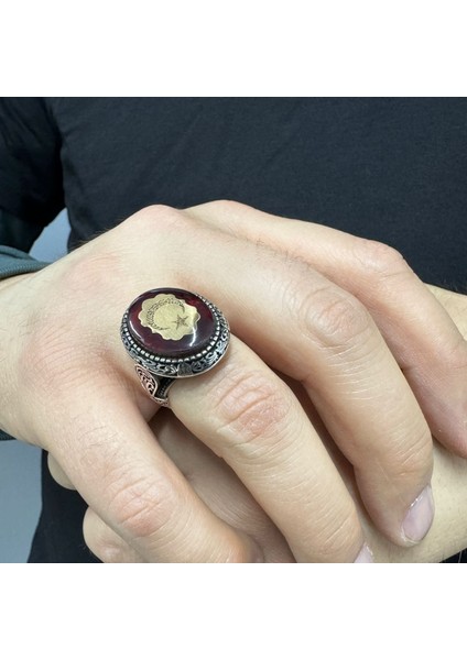 925 Ayar Gümüş Kehribar Taşlı Ayetel Kürsi Işlemeli Ayyıldız Desenli Yanları Süslemeli Erkek Yüzük modelleri