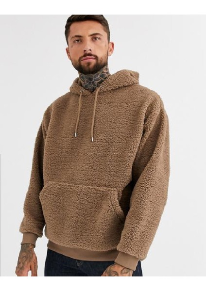 Kapüşonlu Uzun Kollu Kanguru Cepli Peluş Sweatshirt