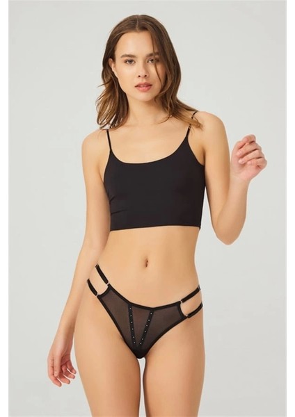 Tül Taş Detaylı Kadın Tanga KÜLOT-6018-SİYAH