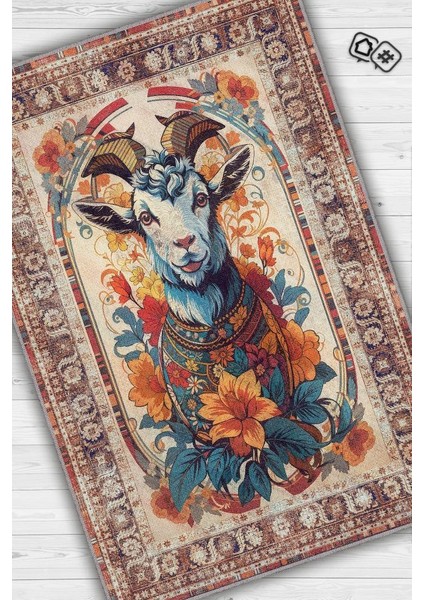 Nuh'un Gemisi Koleksiyonu Keçi Çiçek Desenli Temalı Vintage Renkli Maksimalist Halı