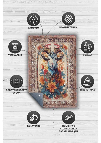 Nuh'un Gemisi Koleksiyonu Keçi Çiçek Desenli Temalı Vintage Renkli Maksimalist Halı