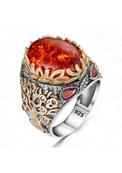 925 Ayar Gümüş Kehribar Taşlı Hayat Ağacı Motifli Erkek Yüzük fiyatları