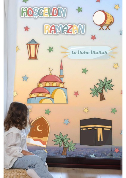 Hoşgeldin Ramazan La Ilahe Illallah Yazılı Cami ve Kabe Temalı Cam Duvar Ramazan Sticker Seti