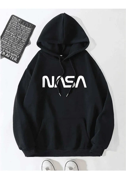 Unisex Siyah Nasa Baskılı Kapüşonlu Sweatshirt