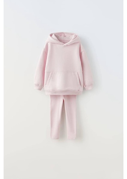 Kız Çocuk Pembe Kapşonlu Pamuklu Fitilli Sweatshirt Tayt Eşofman Takım