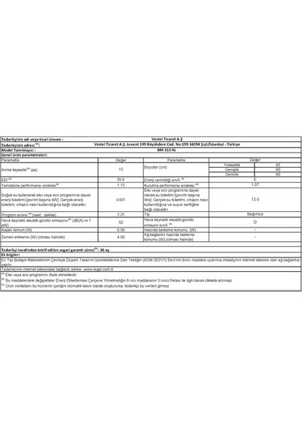 Bm 313 Ig 3 Program E Enerji Sınıfı Bulaşık Makinesi