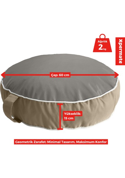 Fermuarlı Puf Minder Yıkanabilir Yuvarlak Minder Su Itici Kumaş Iç ve Dış Mekan Puf Minderi Yer Minderi Petek Önü, Bahçe ve Balkon Antrasit Bej modelleri