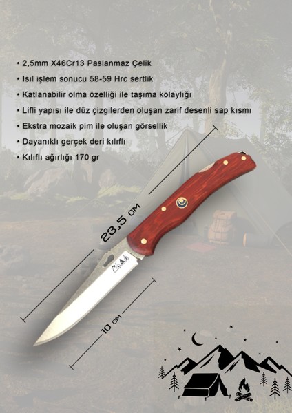 Outdoor Bıçak Piknik Çakısı Kamp Bıçağı Eğri Kilitli Deri Kılıf Hediyeli 23 cm Paduk Ağacı Saplı Katlanabilir Çakı