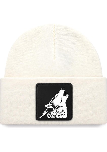 V1 Akrilik Kurt - 3 Kod Logolu Unisex Beyaz Bere (Beanie)