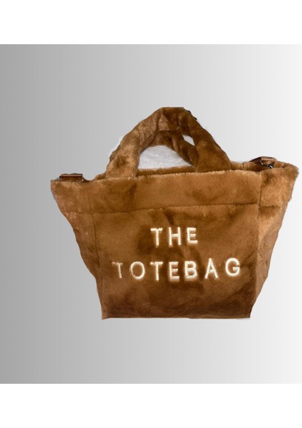 Kadın Kahverengi Peluş The Tote Bag Krem Yazılı Çanta