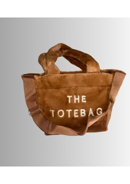 Kadın Kahverengi Peluş The Tote Bag Krem Yazılı Çanta