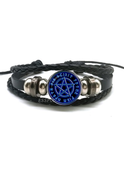 No.9 Boyutu El Dokuması Örgülü Deri Bilezik Gizli Yıldız Pentagram Çok Katmanlı Üçlü Ay Tanrıçası Charm Bilezik Bileklik Pentagram Takı (Yurt Dışından)