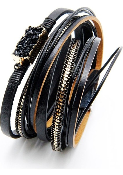 Siyah Zg Kadın Deri Bileklik Benzersiz Karışık Doğal Taşlar Kristal Taş Charm Wrap Bilezikler El Yapımı Boho Bilezik Dropship (Yurt Dışından)