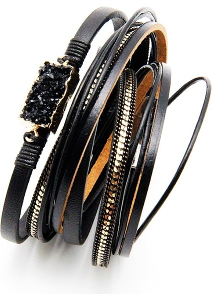 Siyah Zg Kadın Deri Bileklik Benzersiz Karışık Doğal Taşlar Kristal Taş Charm Wrap Bilezikler El Yapımı Boho Bilezik Dropship (Yurt Dışından) indirimleri