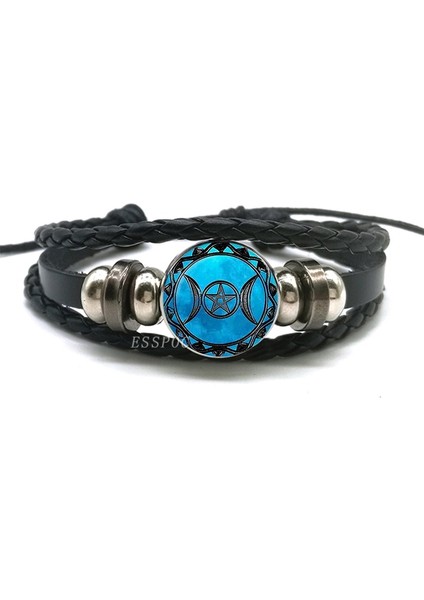 No.7 Boyutu El Dokuması Örgülü Deri Bilezik Gizli Yıldız Pentagram Çok Katmanlı Üçlü Ay Tanrıçası Charm Bilezik Bileklik Pentagram Takı (Yurt Dışından)