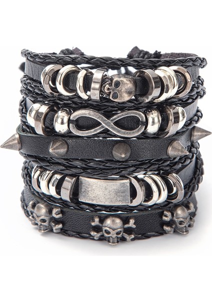 Ayarlanabilir Stil A40 Eif Dock Örgülü Wrap Siyah Gotik Kafatası Deri Erkekler Için Bilezikler Vintage Korsan Yıldız Charm El Yapımı Etnik Tribal Bileklikler (Yurt Dışından)