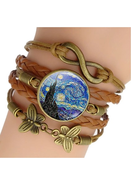 Boyut 1 Van Gogh Bilezik Yıldızlı Gece Sanat Takı Kahverengi Deri Bileklik Erkek Kadın Moda Cam Cabochon Zincir Bileklik (Yurt Dışından)