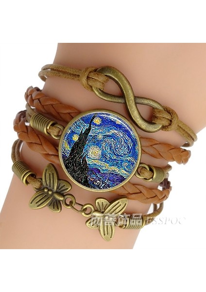 Boyut 1 Van Gogh Bilezik Yıldızlı Gece Sanat Takı Kahverengi Deri Bileklik Erkek Kadın Moda Cam Cabochon Zincir Bileklik (Yurt Dışından) fiyatları