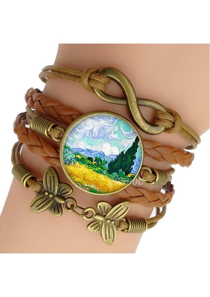 Boyut 1 Van Gogh Bilezik Yıldızlı Gece Sanat Takı Kahverengi Deri Bileklik Erkek Kadın Moda Cam Cabochon Zincir Bileklik (Yurt Dışından) indirimleri