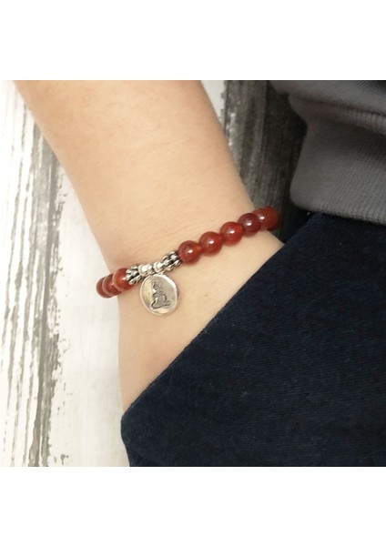 20CM Tarzı Bronz Lotus Erkekler Kadınlar Mala Om Carnelian Bilezikler Lotus Buda Yoga Charm Bilek Kırmızı A-Gate Boncuklu Bilek Boho Yoga Kırmızı Takı (Yurt Dışından)