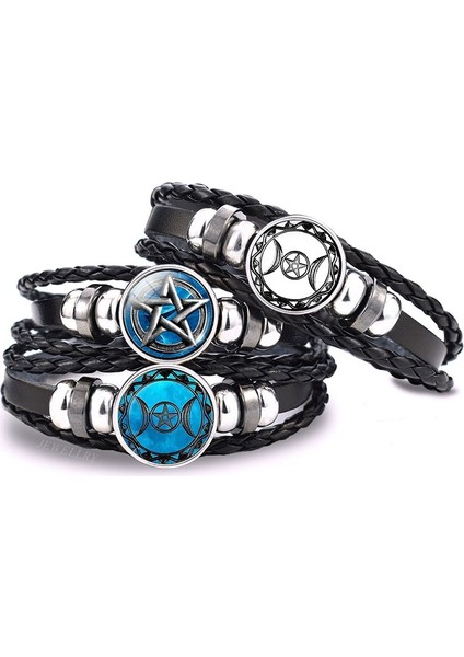 No.7 Boyutu El Dokuması Örgülü Deri Bilezik Gizli Yıldız Pentagram Çok Katmanlı Üçlü Ay Tanrıçası Charm Bilezik Bileklik Pentagram Takı (Yurt Dışından)