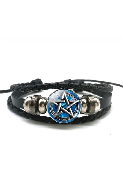 No.7 Boyutu El Dokuması Örgülü Deri Bilezik Gizli Yıldız Pentagram Çok Katmanlı Üçlü Ay Tanrıçası Charm Bilezik Bileklik Pentagram Takı (Yurt Dışından)