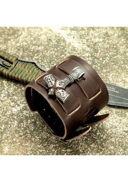 Gerçek Deri Iskandinav Vikings Hakiki Deri Bileklik Erkekler Thors Çekiç Mjolnir Bracer Bilezik Trinity Muska El Yapımı Vintage Bronz Takı (Yurt Dışından)