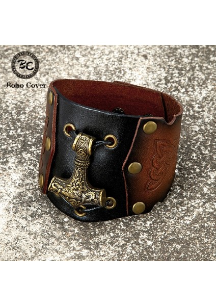 Gerçek Deri Iskandinav Vikings Hakiki Deri Bileklik Erkekler Thors Çekiç Mjolnir Bracer Bilezik Trinity Muska El Yapımı Vintage Bronz Takı (Yurt Dışından)