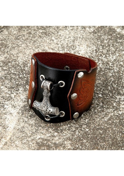 Gerçek Deri Iskandinav Vikings Hakiki Deri Bileklik Erkekler Thors Çekiç Mjolnir Bracer Bilezik Trinity Muska El Yapımı Vintage Bronz Takı (Yurt Dışından)