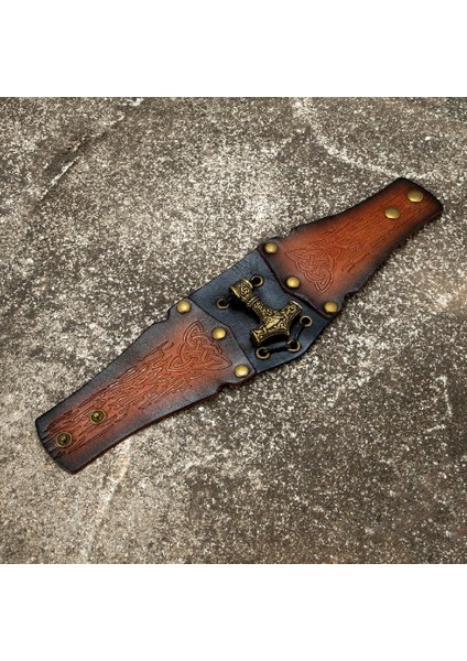 Gerçek Deri Iskandinav Vikings Hakiki Deri Bileklik Erkekler Thors Çekiç Mjolnir Bracer Bilezik Trinity Muska El Yapımı Vintage Bronz Takı (Yurt Dışından)