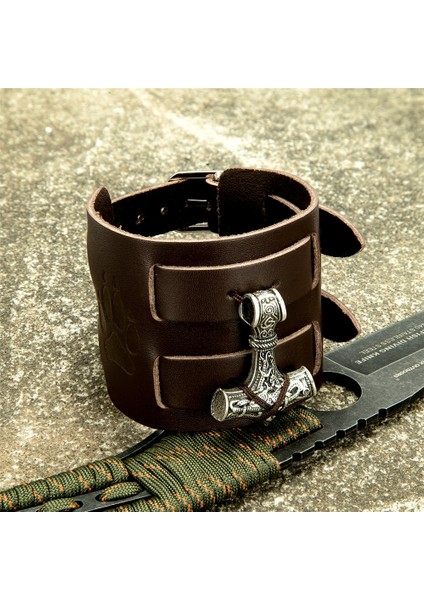Gerçek Deri Iskandinav Vikings Hakiki Deri Bileklik Erkekler Thors Çekiç Mjolnir Bracer Bilezik Trinity Muska El Yapımı Vintage Bronz Takı (Yurt Dışından)