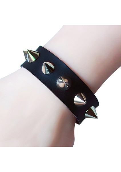 No.1 Boyutu 1 Adet Yeni Unisex Kadınlar Punk Siyah Bilezik Benzersiz Tek Sıra Başak Perçin Bilezikler Pu Metal Bileklik Ayarlanabilir Bilezik (Yurt Dışından)
