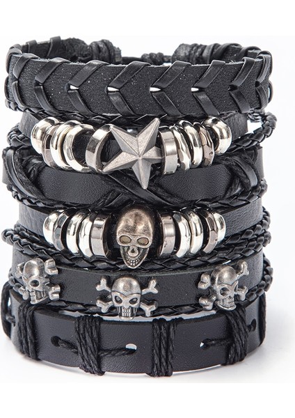 Ayarlanabilir Stil A36 Eif Dock Örgülü Wrap Siyah Gotik Kafatası Deri Erkekler Için Bilezikler Vintage Korsan Yıldız Charm El Yapımı Etnik Tribal Bileklikler (Yurt Dışından)
