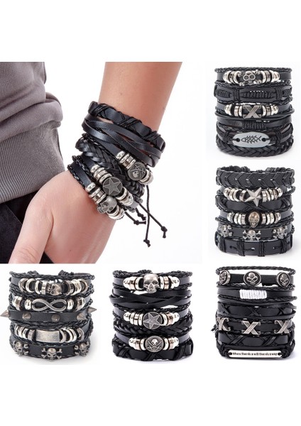 Ayarlanabilir Stil A36 Eif Dock Örgülü Wrap Siyah Gotik Kafatası Deri Erkekler Için Bilezikler Vintage Korsan Yıldız Charm El Yapımı Etnik Tribal Bileklikler (Yurt Dışından) fiyatları