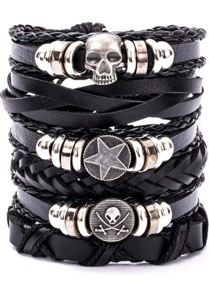 Ayarlanabilir Stil A32 Eif Dock Örgülü Wrap Siyah Gotik Kafatası Deri Erkekler Için Bilezikler Vintage Korsan Yıldız Charm El Yapımı Etnik Tribal Bileklikler (Yurt Dışından)