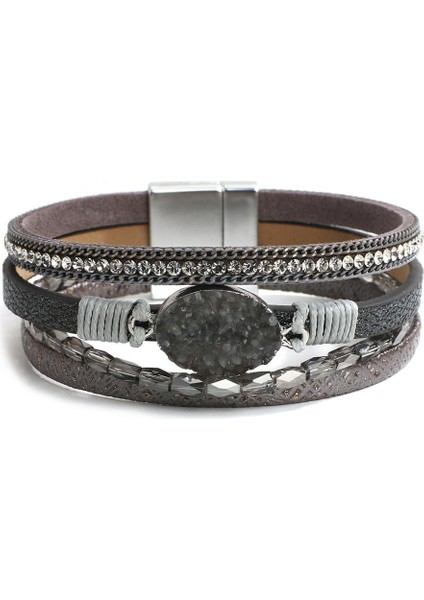 Koyu Gri Amorcome Reçine Taş Charm Kadın Deri Bilezik Moda Kristal Çok Katmanlı Bohemian Wrap Geniş Bilezik Bilezik Bayan Takı (Yurt Dışından)