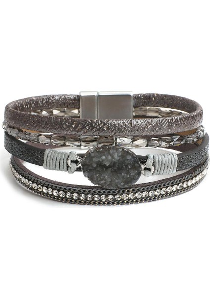 Koyu Gri Amorcome Reçine Taş Charm Kadın Deri Bilezik Moda Kristal Çok Katmanlı Bohemian Wrap Geniş Bilezik Bilezik Bayan Takı (Yurt Dışından) modelleri