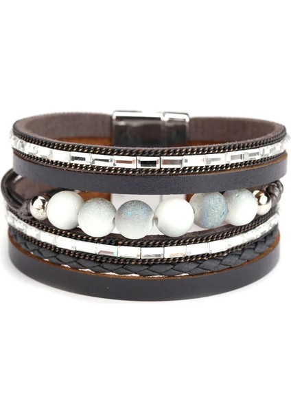 Gri 6 Amorcome Bohemian Doğal Taş Charm Deri Bilezikler Wome Için Moda Kristal Çok Katmanlı Wrap Bilezik Kadın Mücevheratı (Yurt Dışından)